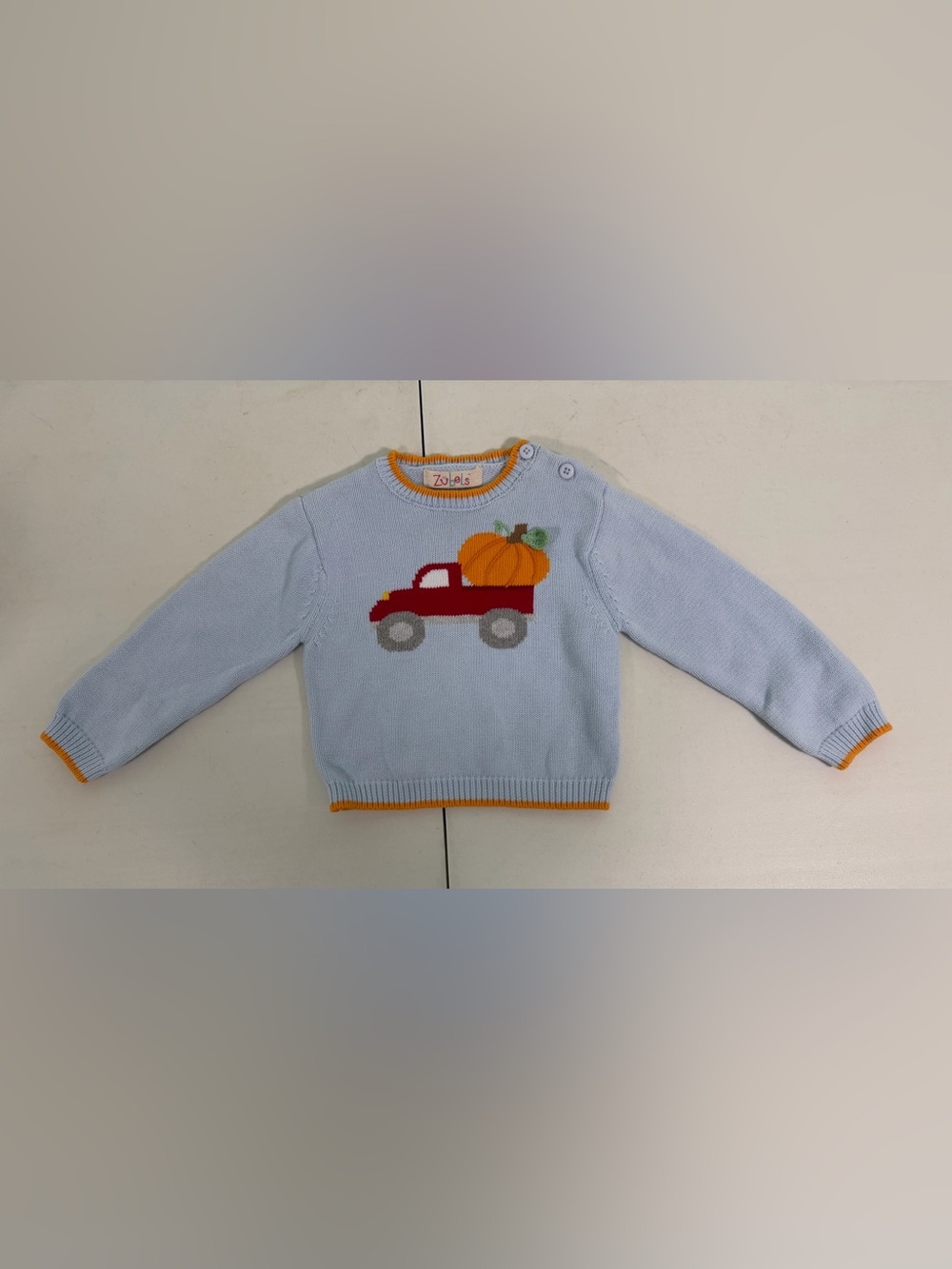 Zubels  Blue/Orange Intarsia Pumpkin 100% Cotton Pullover Sweater-12 mos.